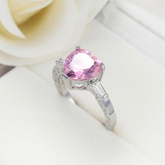 Pink Zircon Heart Sterling Silver Plated Ring size 9 - Picture 5 of 10